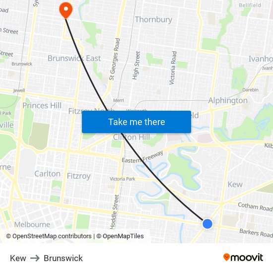 Kew to Brunswick map