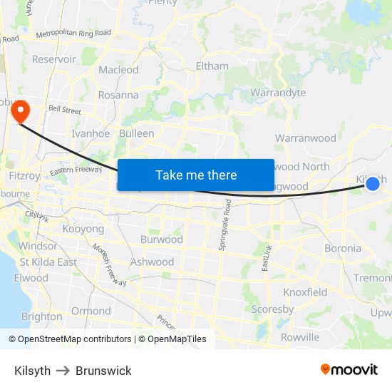 Kilsyth to Brunswick map