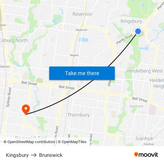 Kingsbury to Brunswick map