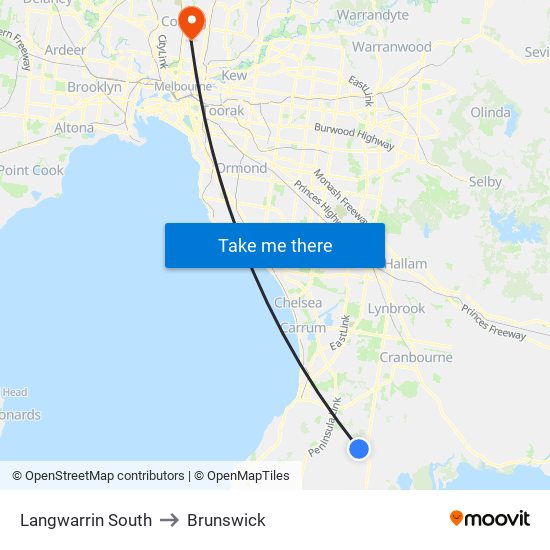 Langwarrin South to Brunswick map