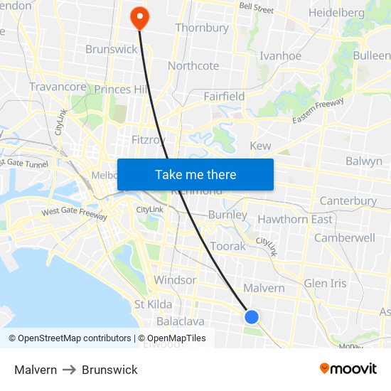 Malvern to Brunswick map