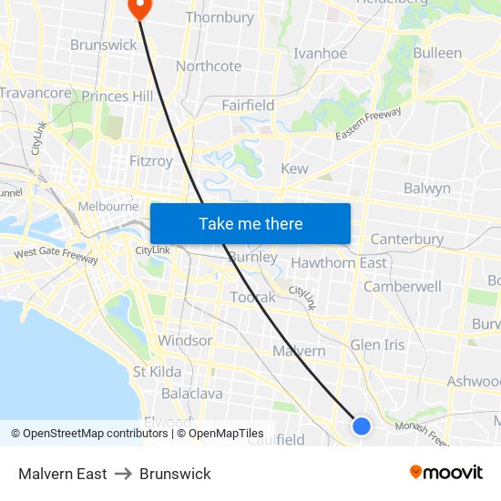 Malvern East to Brunswick map