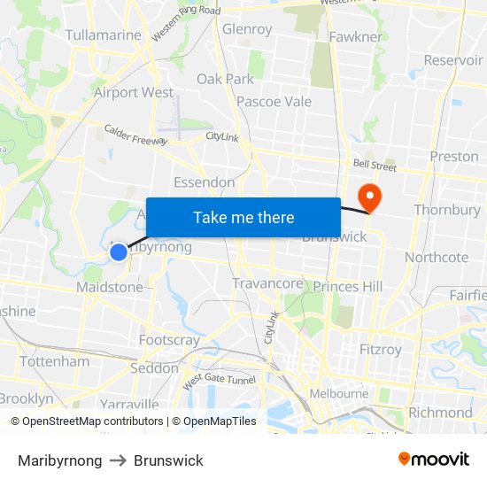 Maribyrnong to Brunswick map