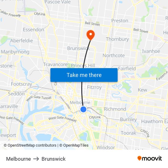 Melbourne to Brunswick map