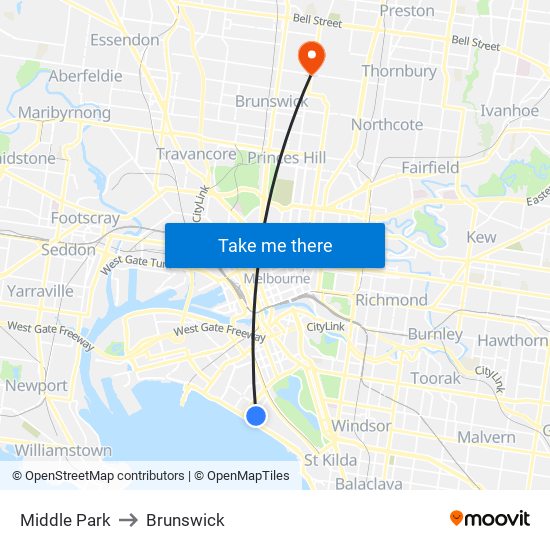 Middle Park to Brunswick map