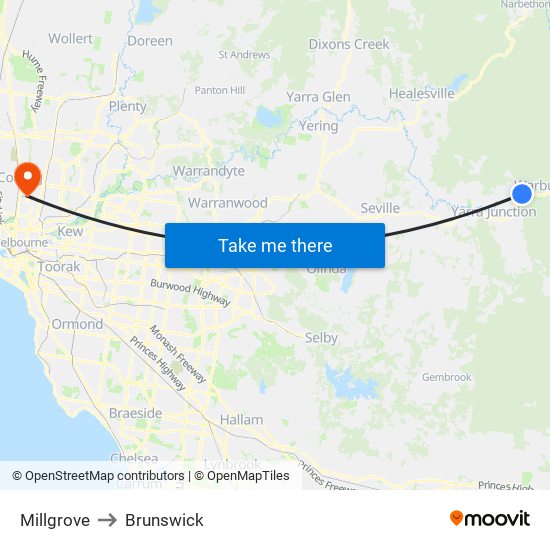 Millgrove to Brunswick map