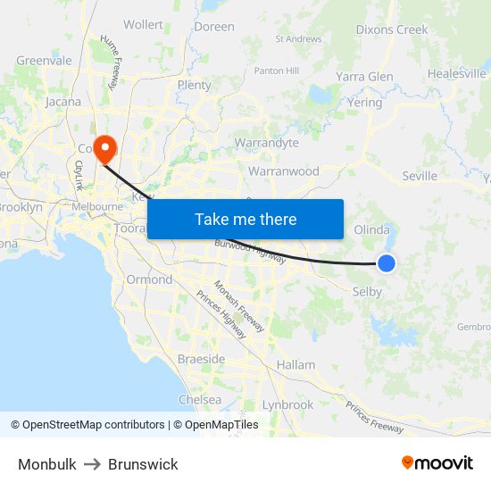 Monbulk to Brunswick map