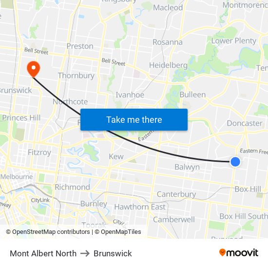 Mont Albert North to Brunswick map