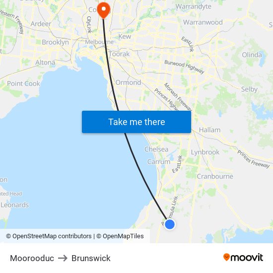 Moorooduc to Brunswick map