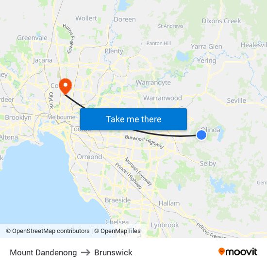Mount Dandenong to Brunswick map