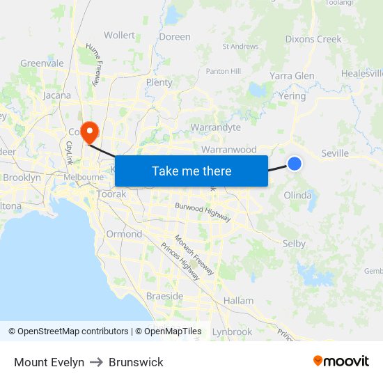 Mount Evelyn to Brunswick map