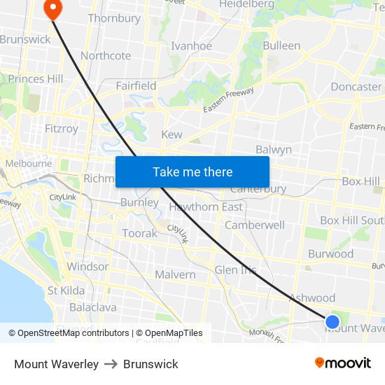 Mount Waverley to Brunswick map