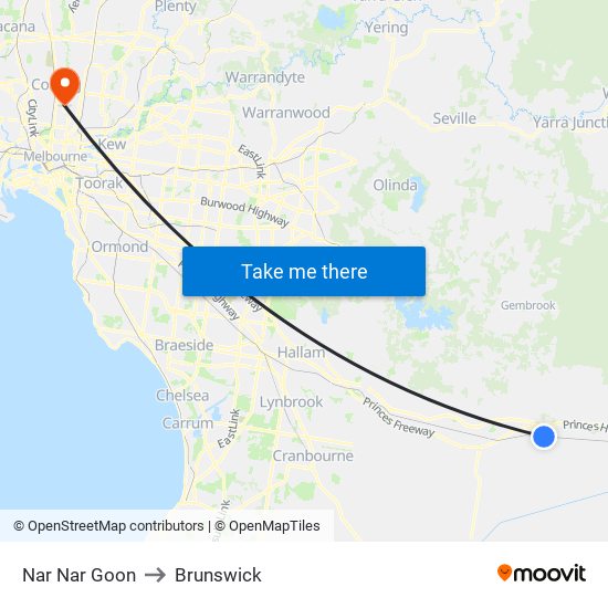 Nar Nar Goon to Brunswick map