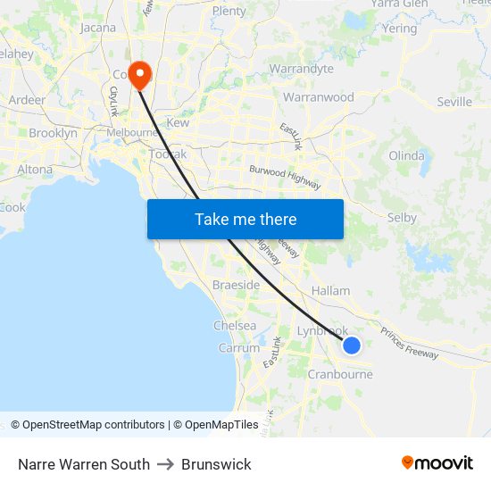 Narre Warren South to Brunswick map