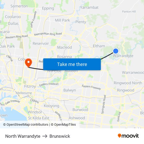 North Warrandyte to Brunswick map