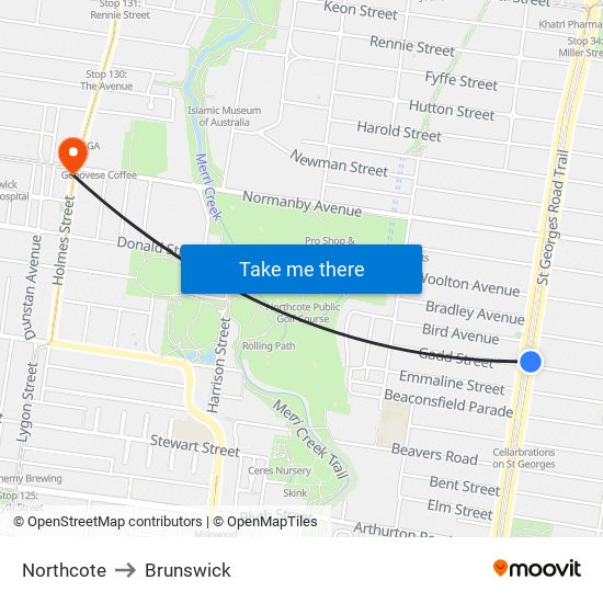 Northcote to Brunswick map