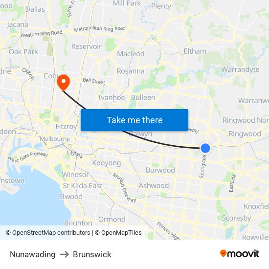 Nunawading to Brunswick map