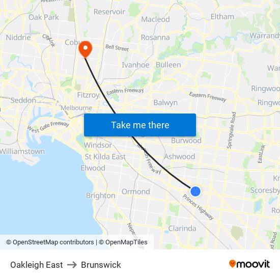 Oakleigh East to Brunswick map