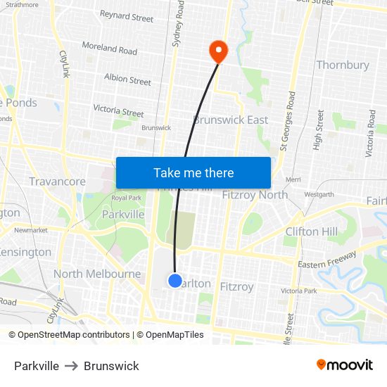 Parkville to Brunswick map