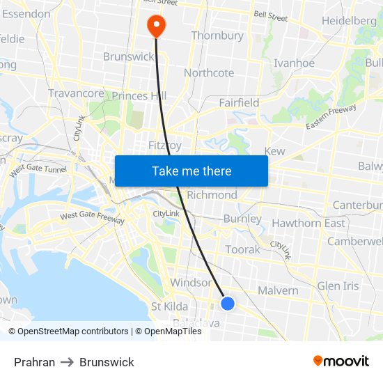 Prahran to Brunswick map