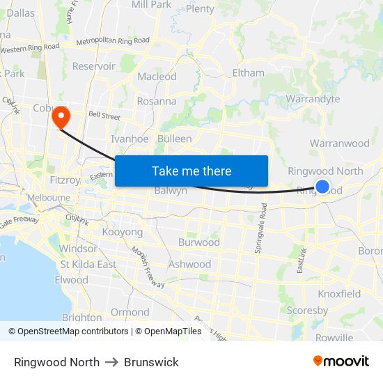 Ringwood North to Brunswick map