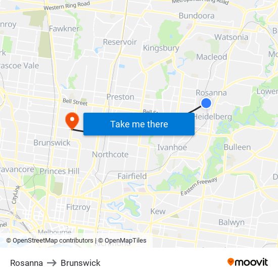 Rosanna to Brunswick map