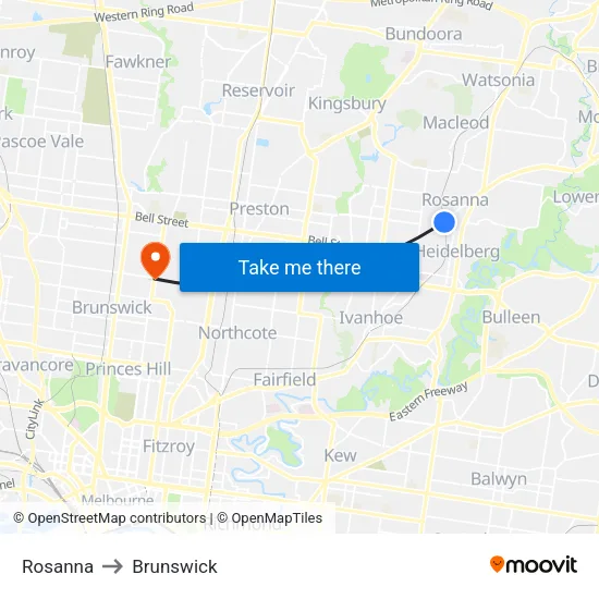 Rosanna to Brunswick map