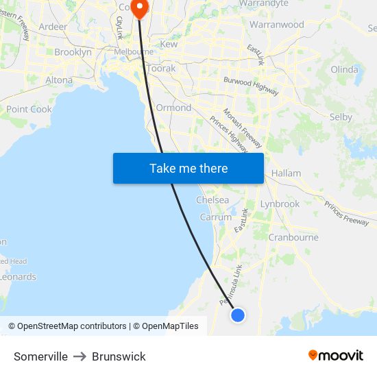 Somerville to Brunswick map