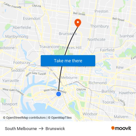 South Melbourne to Brunswick map