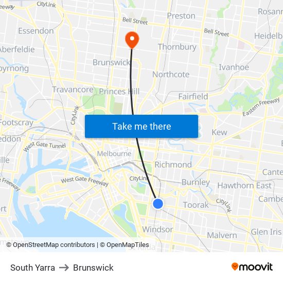 South Yarra to Brunswick map