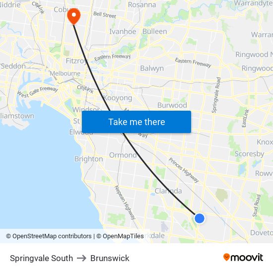 Springvale South to Brunswick map