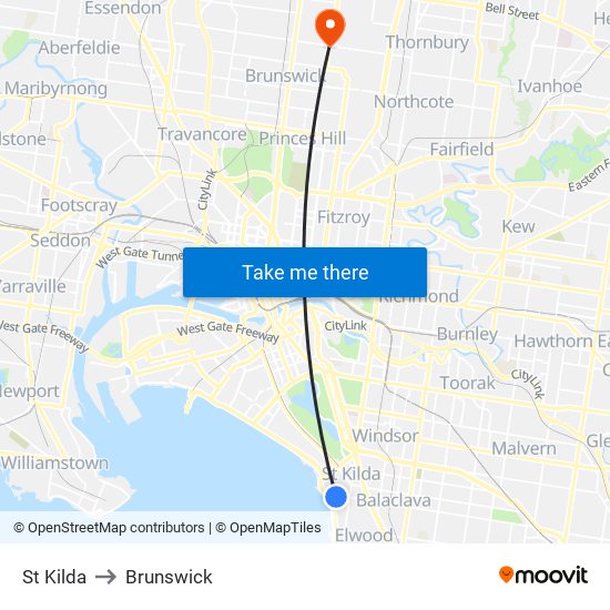 St Kilda to Brunswick map