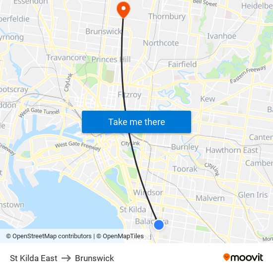 St Kilda East to Brunswick map