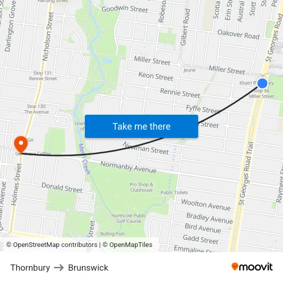 Thornbury to Brunswick map
