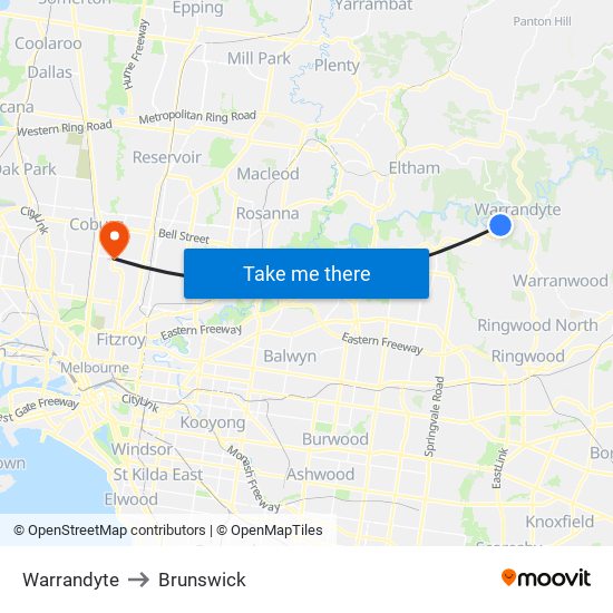 Warrandyte to Brunswick map