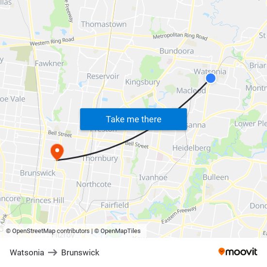 Watsonia to Brunswick map