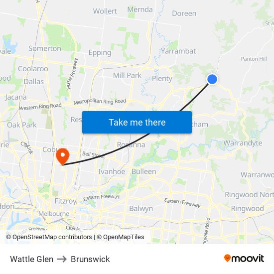 Wattle Glen to Brunswick map