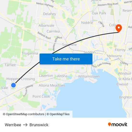 Werribee to Brunswick map