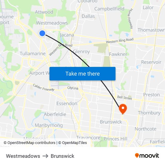 Westmeadows to Brunswick map