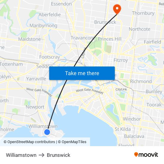 Williamstown to Brunswick map