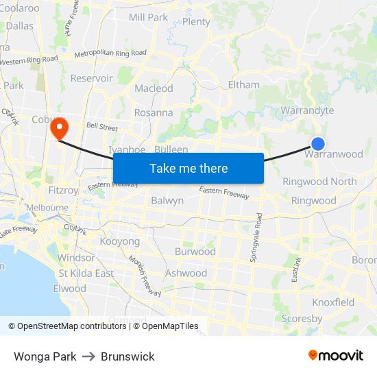 Wonga Park to Brunswick map