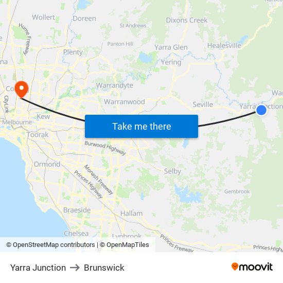 Yarra Junction to Brunswick map