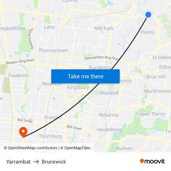 Yarrambat to Brunswick map