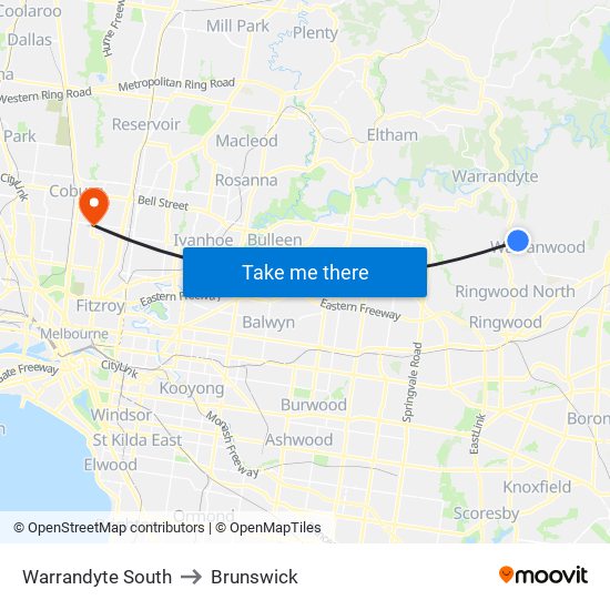 Warrandyte South to Brunswick map