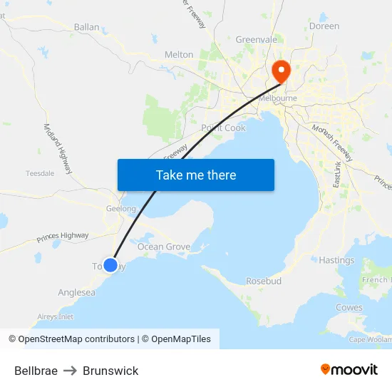 Bellbrae to Brunswick map
