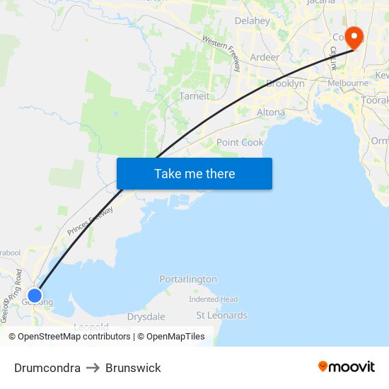 Drumcondra to Brunswick map