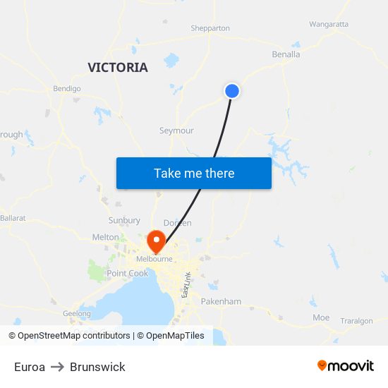 Euroa to Brunswick map