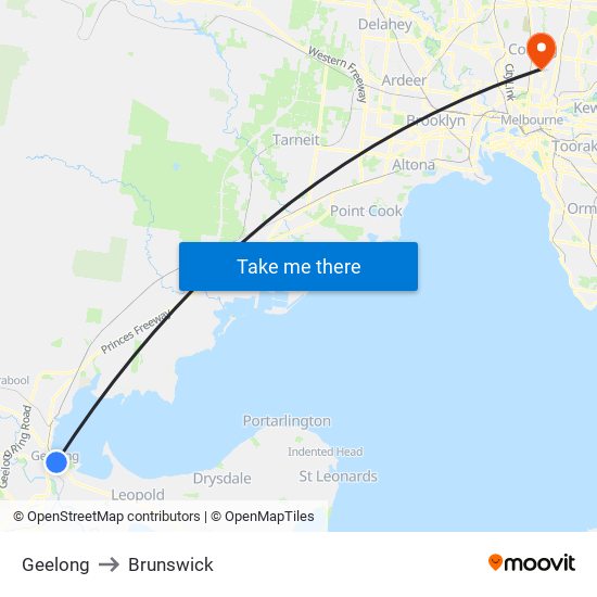 Geelong to Brunswick map