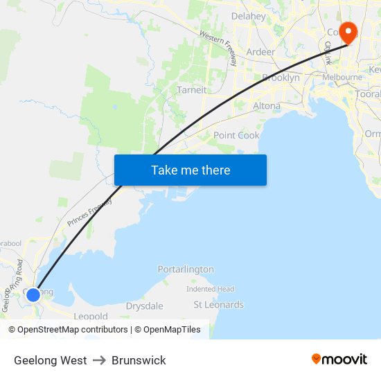 Geelong West to Brunswick map