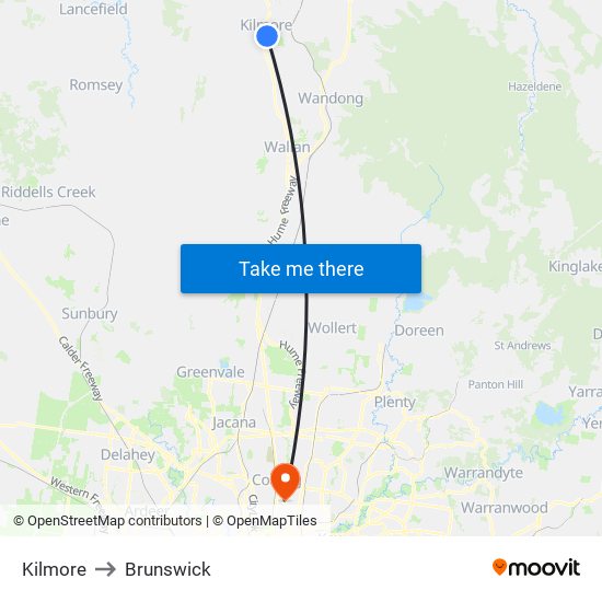 Kilmore to Brunswick map